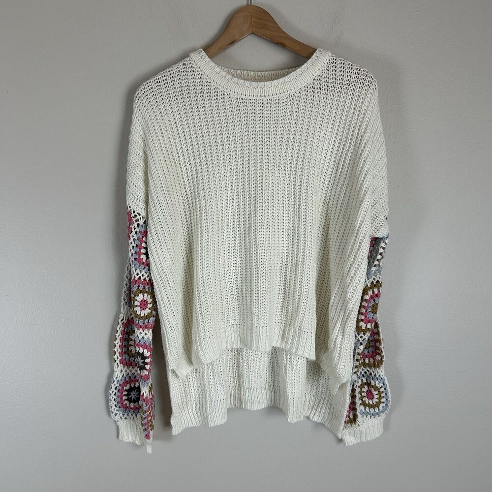 Women’s S White Crochet Sweater Granny Square Cottagecore Hippie Knit Tunic Long